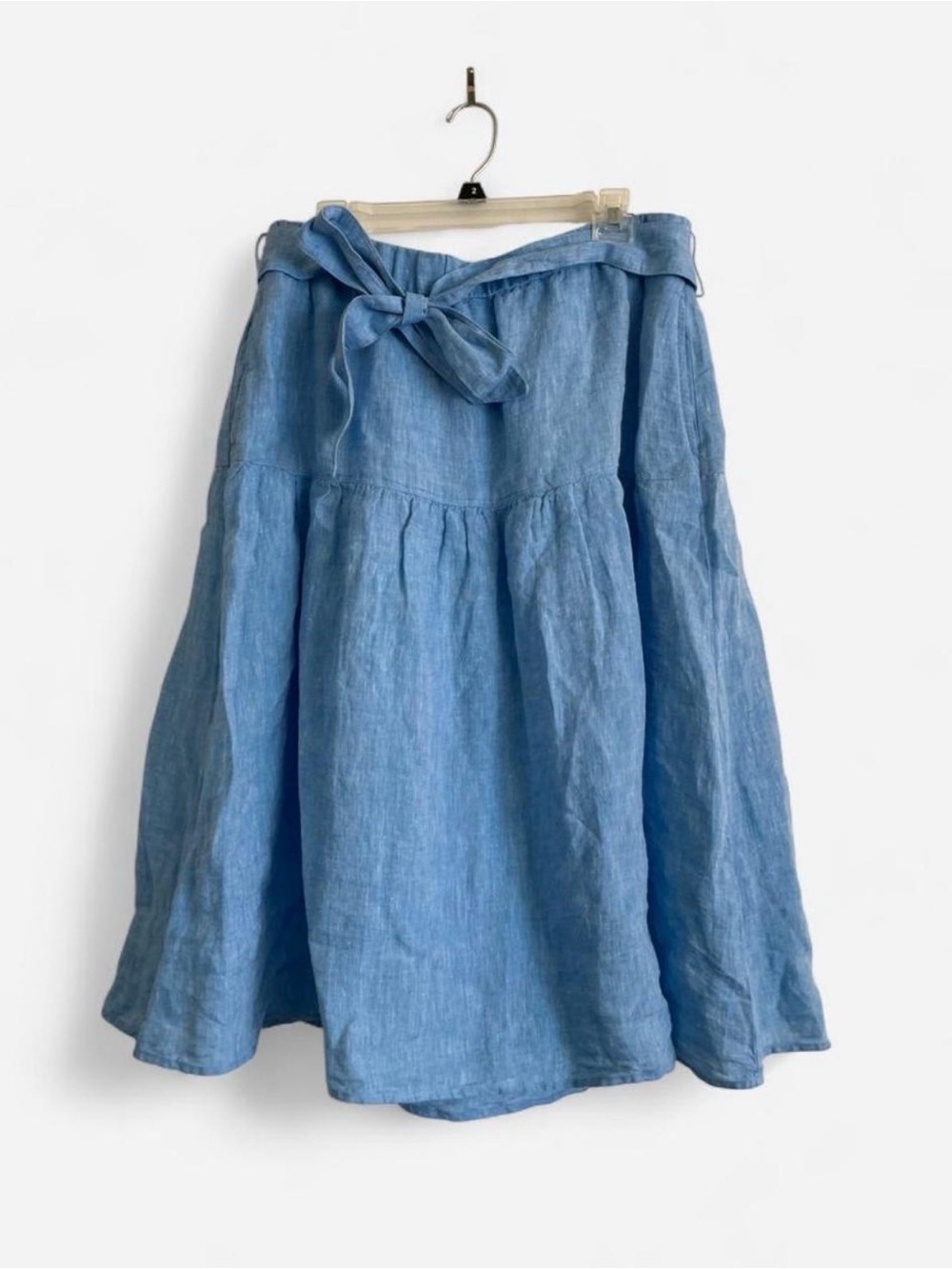 Light Blue Linen Drop Waist Midi Skirt